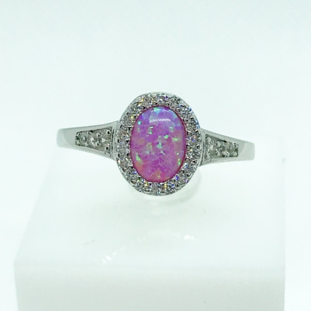 925 Sterling Silver Pink Opal Round Oval Ring